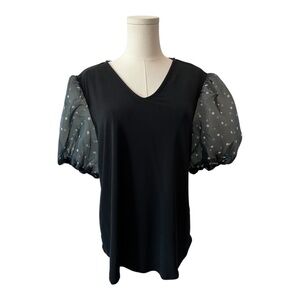 👚 EUC ADRIANNA PAPELL Black V-Neck Polka Dot Sleeve Top | Size L